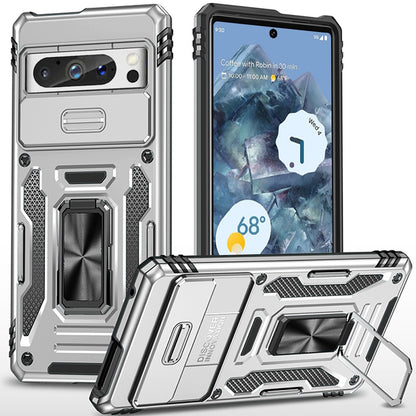 For Apple iPhone 16e Tough Hybrid Case with Movable Camera Window & Metal Ring Stand Shockproof Case Cover Silver