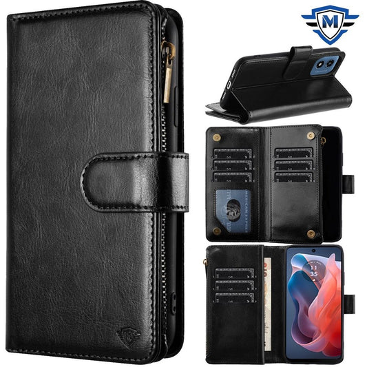 For Apple iPhone 16 Pro (6.3") Premium Leather Zipper Wallet with Credit Card Slots Money Pocket Luxury Clutch Pouch Stand & Strap Case Cover Black