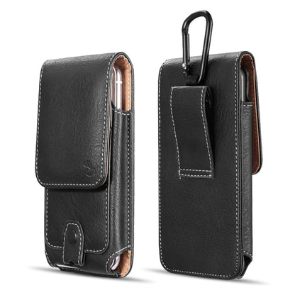 For Apple iPhone 16 Pro (6.3") Universal Vertical Leather Case Holster with Credit Card Holder, Belt Loop & Carabiner Carrying Phone Pouch [Black]
