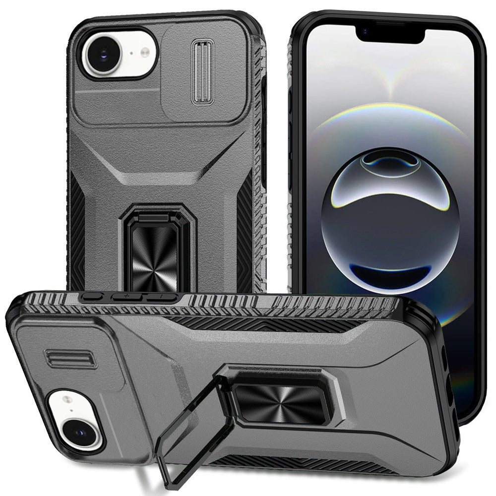 For Apple iPhone 16e Case, Camera Cover with Magnetic Rotation Ring Stand, Military Grade Hybrid Hard TPU Shockproof Case Cover