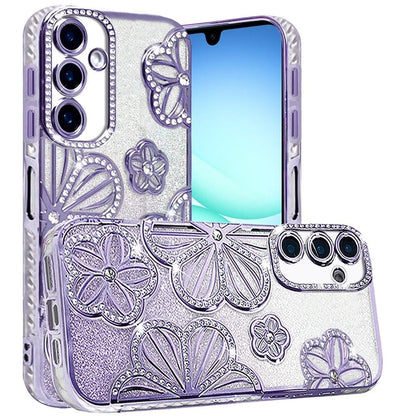 For Samsung Galaxy A17 5G Luxury Flower Design Sparkle Glitter Diamond Rhinestone Shimmer Bling Plating Thick TPU Hard PC Case Cover