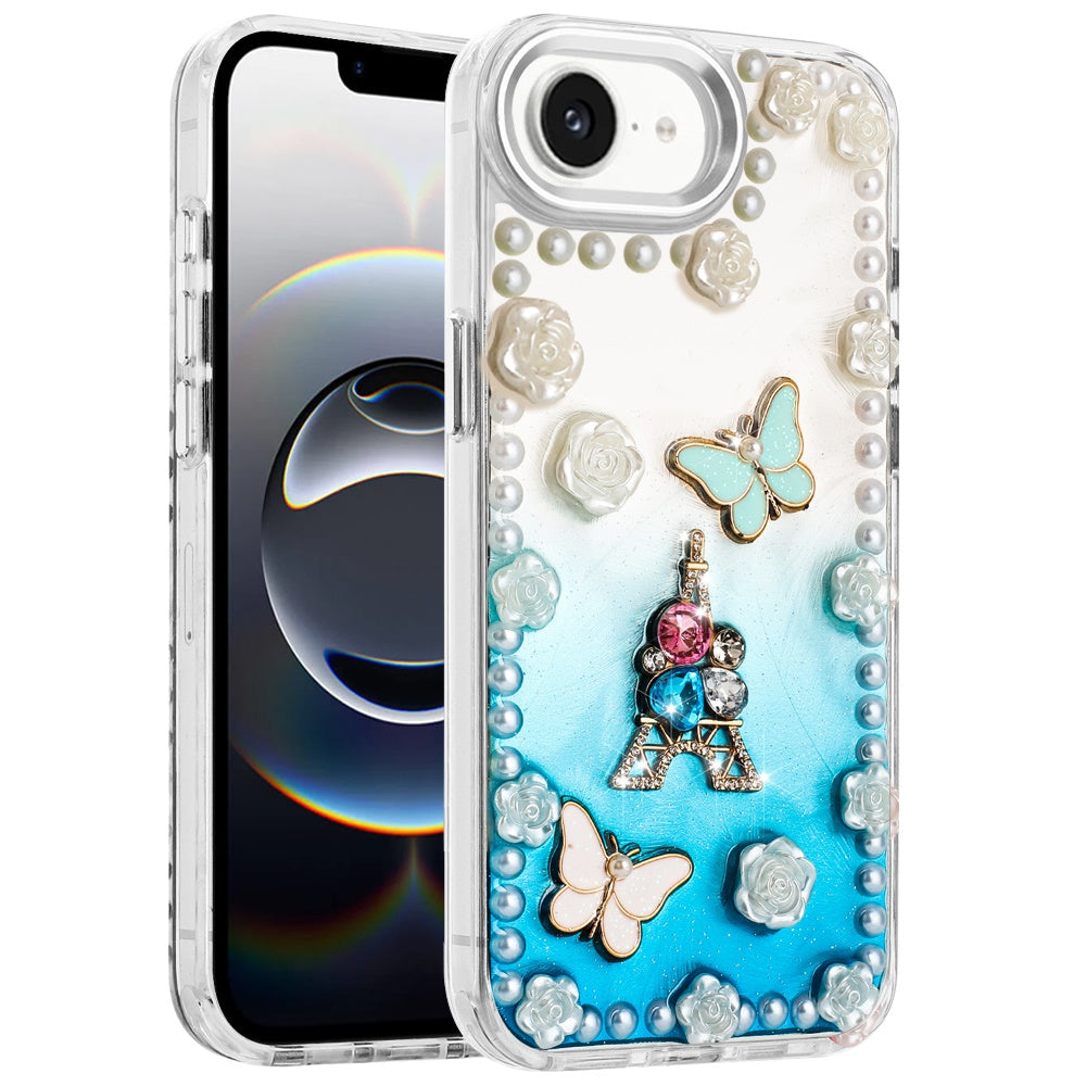 For Apple iPhone 16e Bling Fashion Design with 3D Pearls Epoxy Glitter Ornaments Chrome Edge Hard Slim PC Case Cover