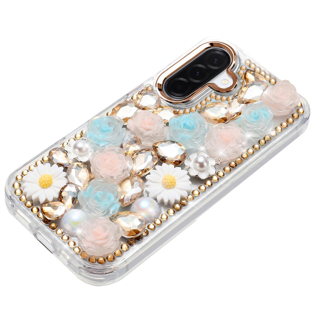 For Samsung Galaxy S25 Fan Edition /Galaxy S25 FE Fashion Daisy Floral Series, Full 3D Bling Crystal Diamonds Sparkling Rhinestone Glitter Hybrid Design Case Cover