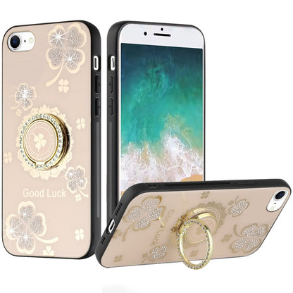 For Apple iPhone SE 4 Diamonds 3D Fashion Floral Bling Sparkly Glitter Ornaments Engraving Hybrid with Ring Stand Case Cover Gold Good Luck Floral
