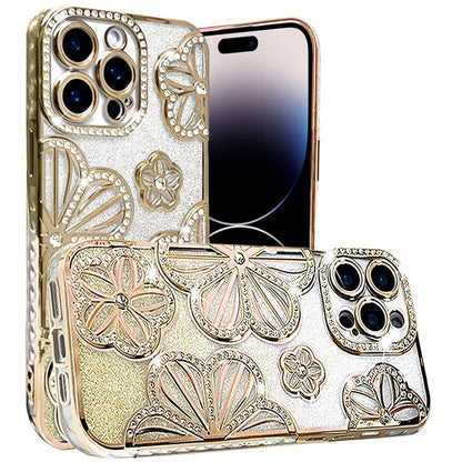 For Apple iPhone 16 Pro (6.3") Luxury Floral Design Sparkle Glitter Diamond Crystal Rhinestone Shimmer Bling Plating Thick TPU Hard PC Case Cover
