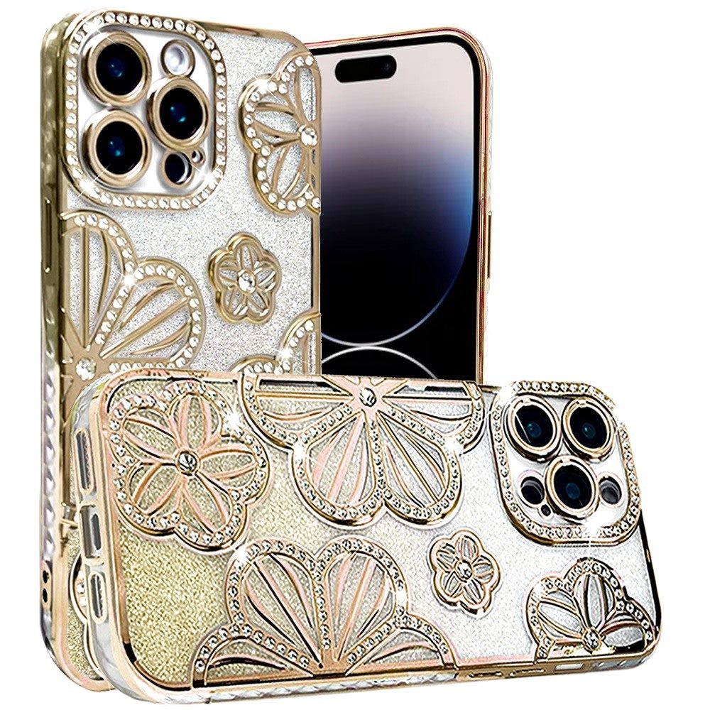 For Apple iPhone 14 Pro Max Luxury Floral Design Sparkle Glitter Diamond Crystal Rhinestone Shimmer Bling Plating Thick TPU Hard PC Case Cover