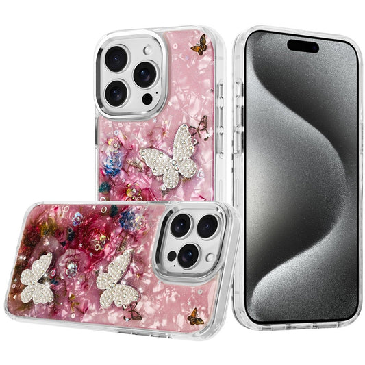 For Apple iPhone 16 Pro Max Epoxy Glitter Flowers Bling 3D Butterfly Fashion TPU Hybrid with Shockproof Protection Case Cover