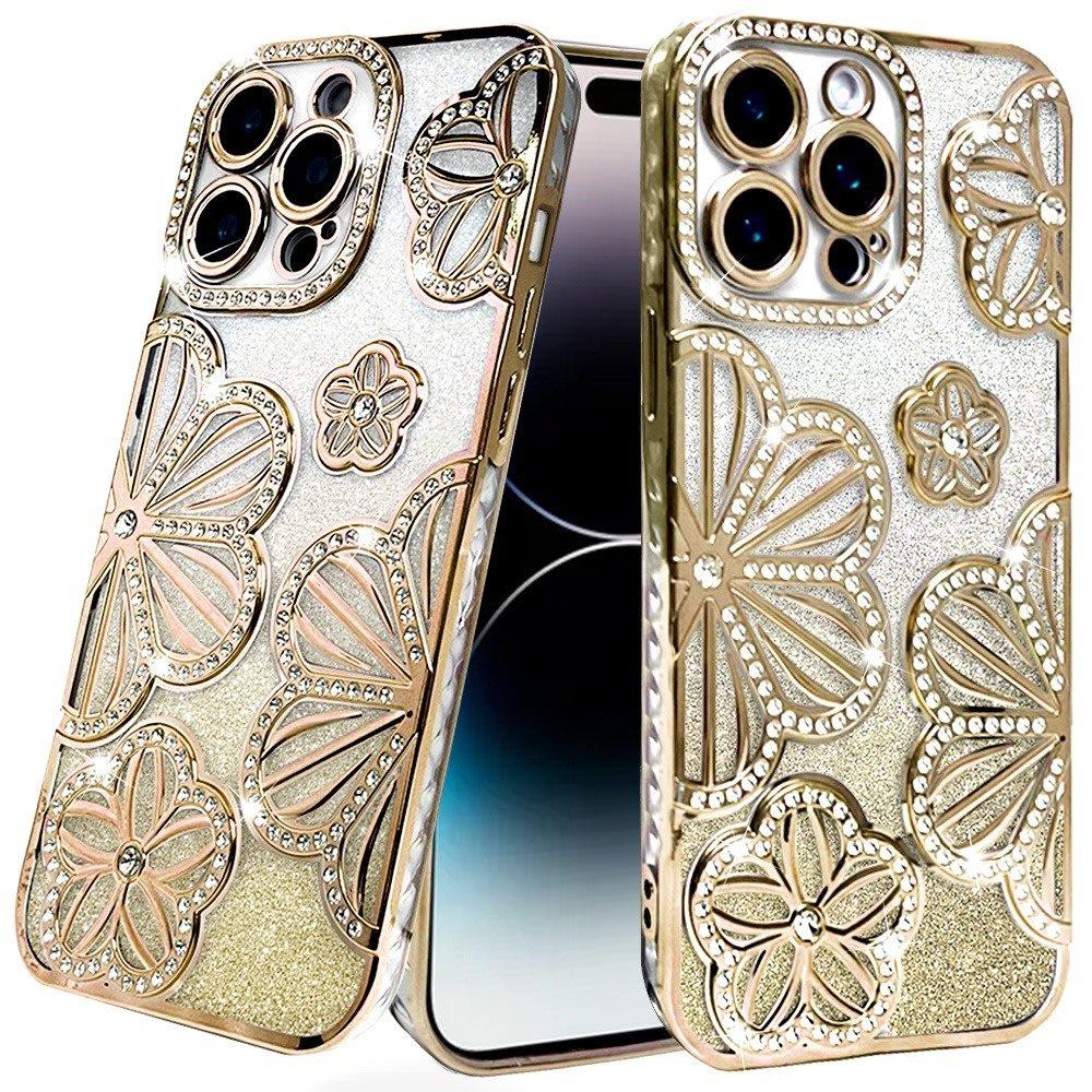 For Apple iPhone 16 Pro (6.3") Luxury Floral Design Sparkle Glitter Diamond Crystal Rhinestone Shimmer Bling Plating Thick TPU Hard PC Case Cover