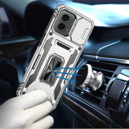 For Apple iPhone 16e Tough Hybrid Case with Movable Camera Window & Metal Ring Stand Shockproof Case Cover Silver