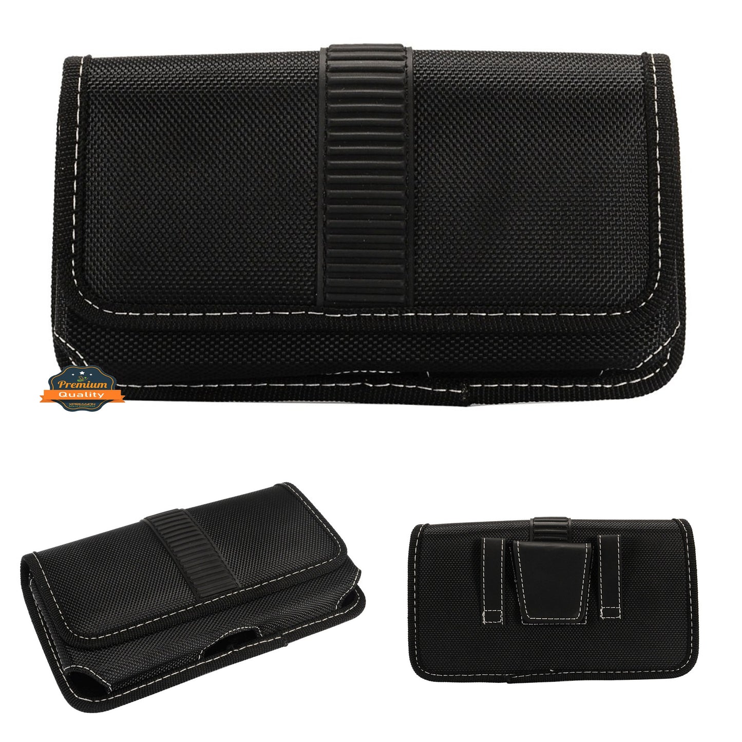 For Apple iPhone 16 Plus (6.7") Rugged Canvas Cellphone Belt Clip Cover Holster Pouch Holder with Belt Loops Universal Horizontal Carrying Case [Black]