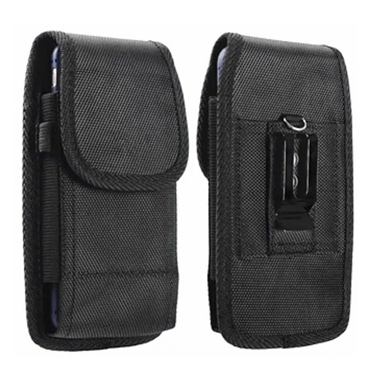 For Apple iPhone 16 (6.1") Nylon Canvas Fabric Waist Belt Holster Vertical Pouch Holds Large Phone Works with Thick Cases Universal Cover [Black]