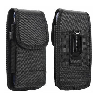 For Apple iPhone 16 (6.1") Nylon Canvas Fabric Waist Belt Holster Vertical Pouch Holds Large Phone Works with Thick Cases Universal Cover [Black]