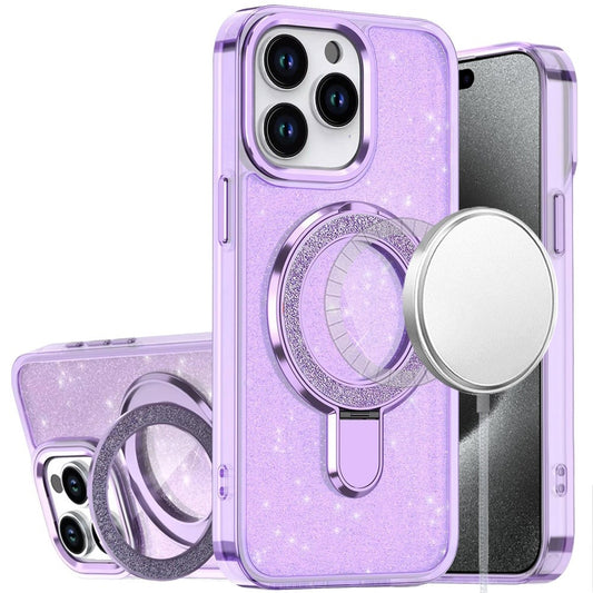 For Apple iPhone 14 Pro Max Transparent Glitter Bling Case with Rotating Magnetic Ring Stand, Shockproof Hybrid Case Cover