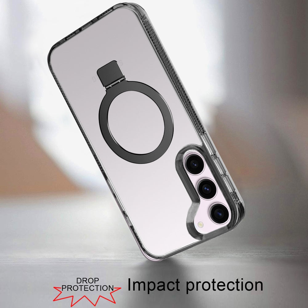 For Samsung Galaxy S22+ Plus 5G Transparent Magnetic Ring Circle Stand with MagSafe Compatible Hybrid Dotted Edged Hard PC Shockproof Case Cover Black
