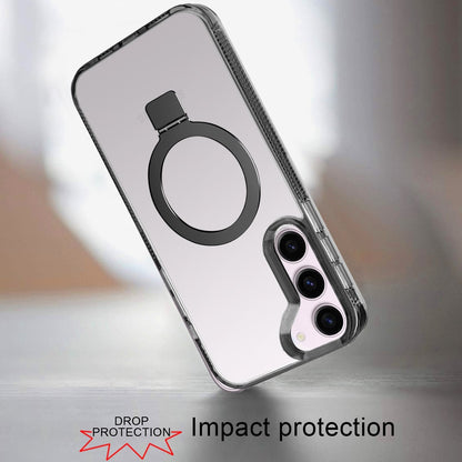 For Samsung Galaxy S22+ Plus 5G Transparent Magnetic Ring Circle Stand with MagSafe Compatible Hybrid Dotted Edged Hard PC Shockproof Case Cover Black