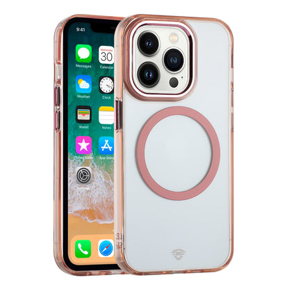 For Apple iPhone 15 Pro Transparent Back Hybrid Case - Magnetic Circle, Color Frame, Metal Buttons, MagSafe Compatible Case Cover Rose Gold