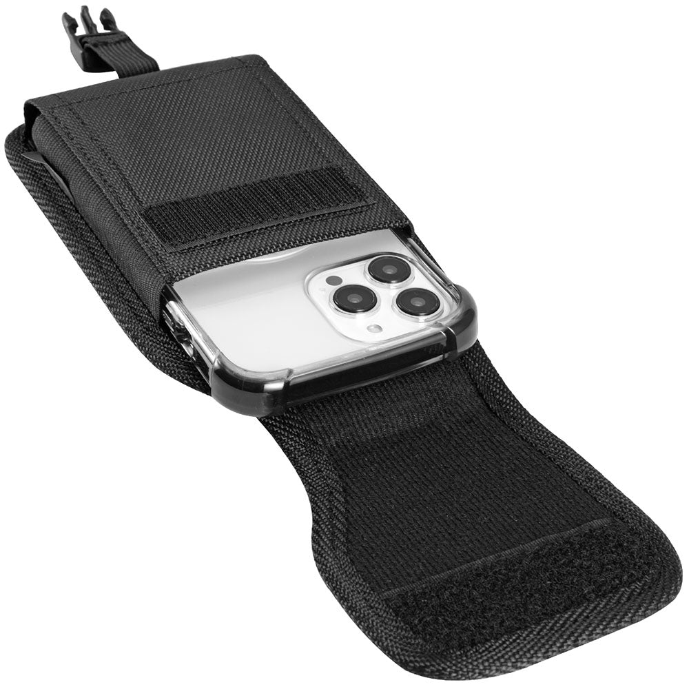 For Apple iPhone 16 Plus (6.7") Universal Pouch Case Vertical Phone Holster Nylon Cover with Front Buckle, Belt Clip Loop & Hook Carabiner [Black]