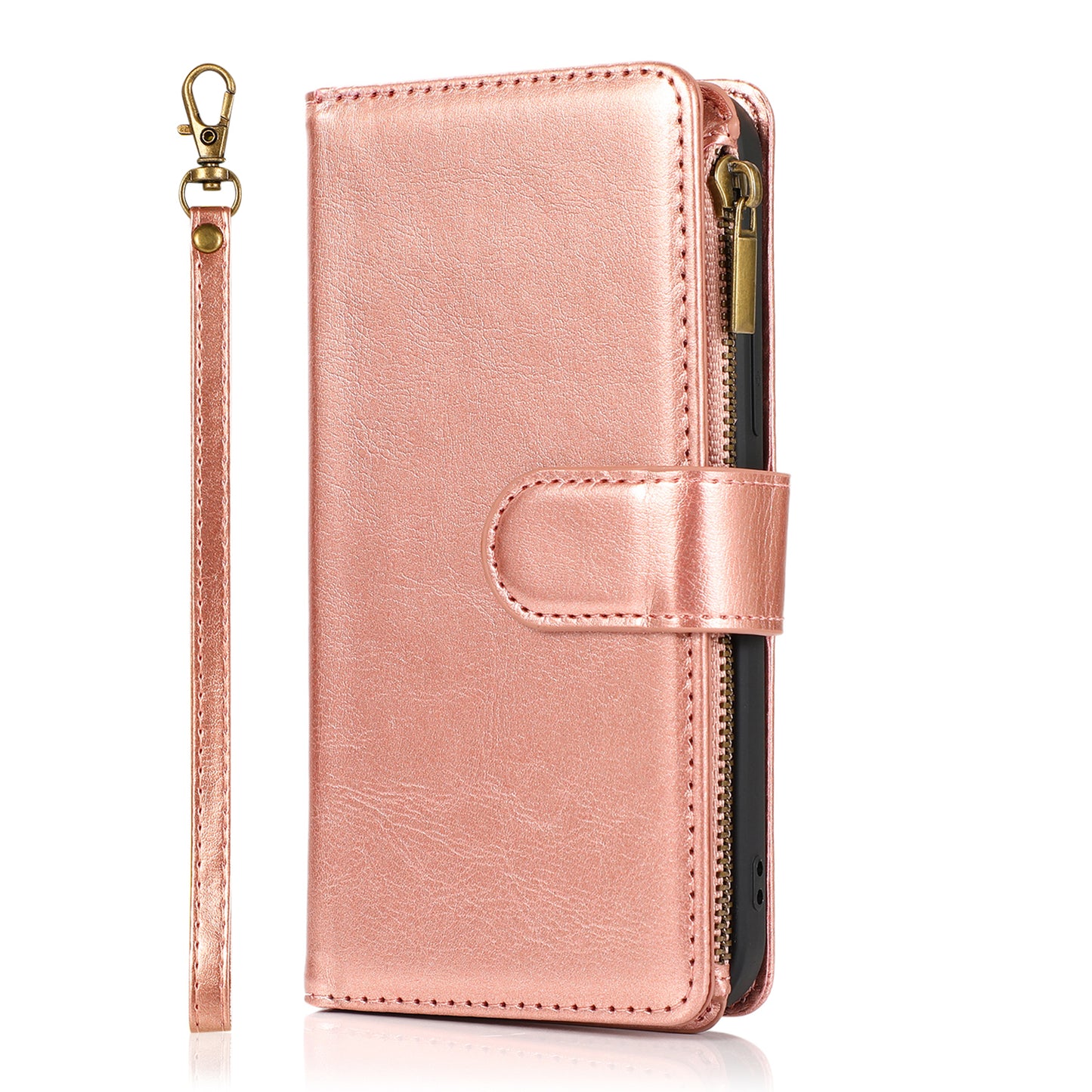 For Apple iPhone SE 4 Leather Zipper Wallet Case 9 Credit Card Slots Cash Money Pocket Clutch Pouch with Stand & Strap Case Cover Rose Gold