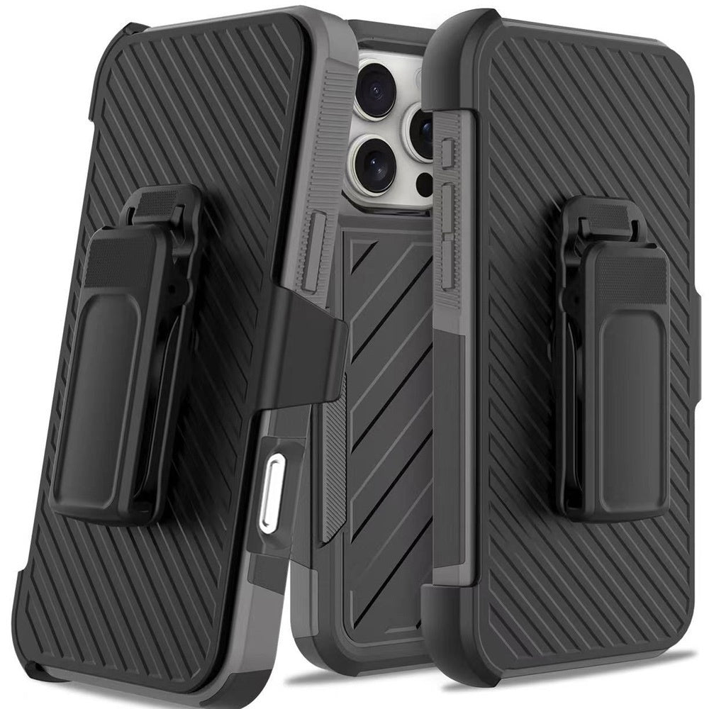 For Apple iPhone 16 Pro (6.3") Combo Hybrid lined with Belt Clip Holster Armor Shockproof Rugged Textured 2in1 Non Slip Tough Case Cover Black / Gray