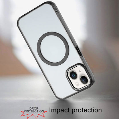 For Apple iPhone 15 Plus Transparent Back Hybrid Case - Magnetic Circle, Color Frame, Metal Buttons, MagSafe Compatible Case Cover Black