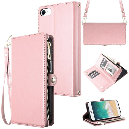 For Apple iPhone SE 4 Wallet Purse Stylish Design with Credit Card & ID Slots, Durable Zipper Storage, Adjustable Lanyard Case Cover Rose Gold