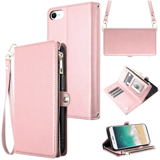 For Apple iPhone SE 4 Wallet Purse Stylish Design with Credit Card & ID Slots, Durable Zipper Storage, Adjustable Lanyard Case Cover Rose Gold