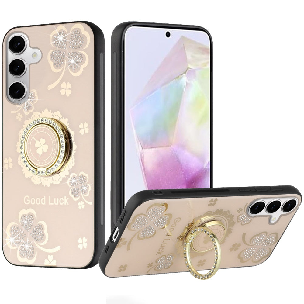 For Apple iPhone SE 4 Diamonds 3D Fashion Floral Bling Sparkly Glitter Ornaments Engraving Hybrid with Ring Stand Case Cover Gold Good Luck Floral