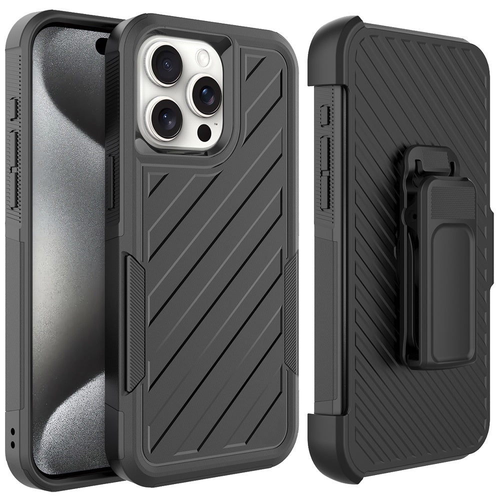 For Apple iPhone 16e Premium Tough Hybrid Case with Belt Clip Holster, Shockproof Rugged Design, Textured 2in1 Non-Slip Case Cover Black