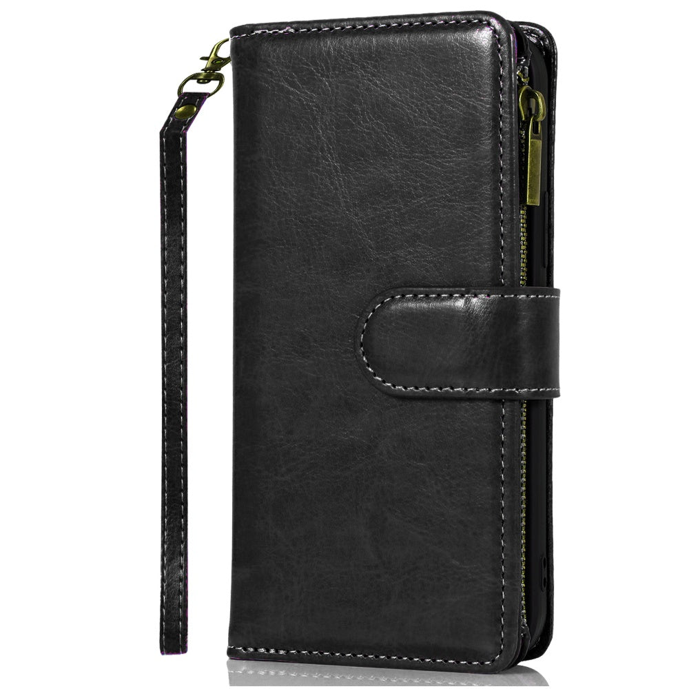 For Apple iPhone 16e Leather Wallet Case with Zipper, 9 Card Slots, Cash Pocket, Stand & Strap, Clutch Pouch Design Case Cover Black