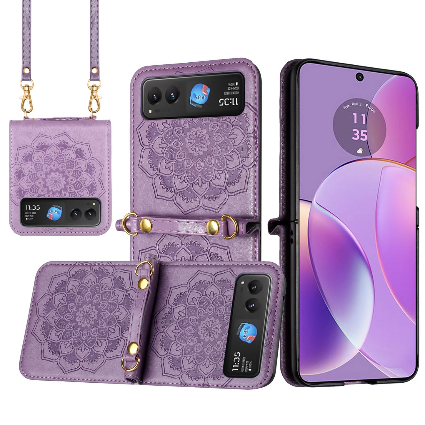 For Motorola Razr Ultra 2025 Embossed Floral PU Leather Henna Mandala Design Flip Cover with Strap, Hybrid Protective Case Cover