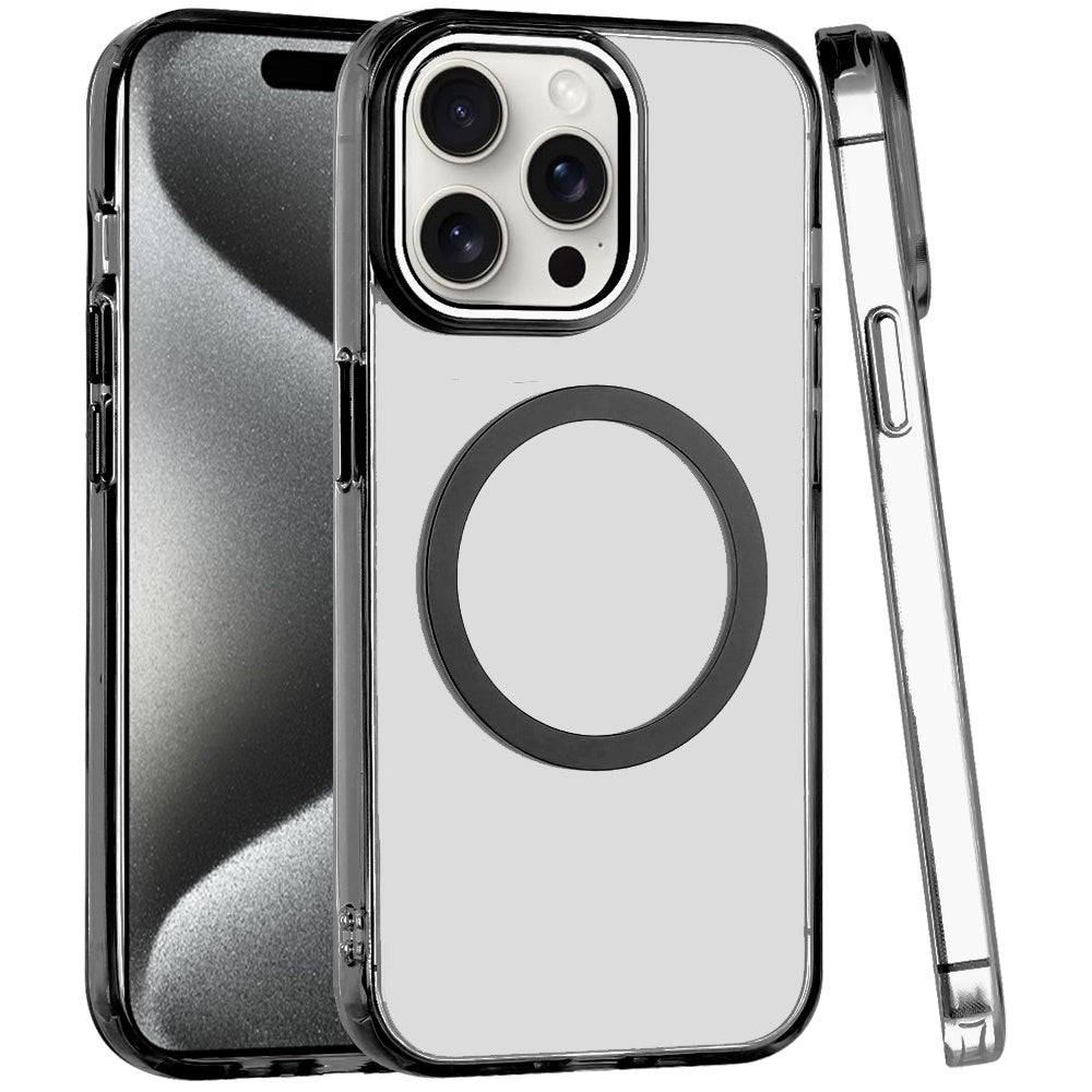 For Apple iPhone 15 Pro Max Transparent Back Hybrid Case - Magnetic Circle, Color Frame, Metal Buttons, MagSafe Compatible Case Cover