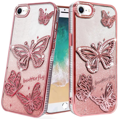 For Apple iPhone 16e Luxury Butterfly Sparkle Glitter Diamond Crystal Rhinestone Shimmer Bling Plating Thick TPU Hard PC Case Cover