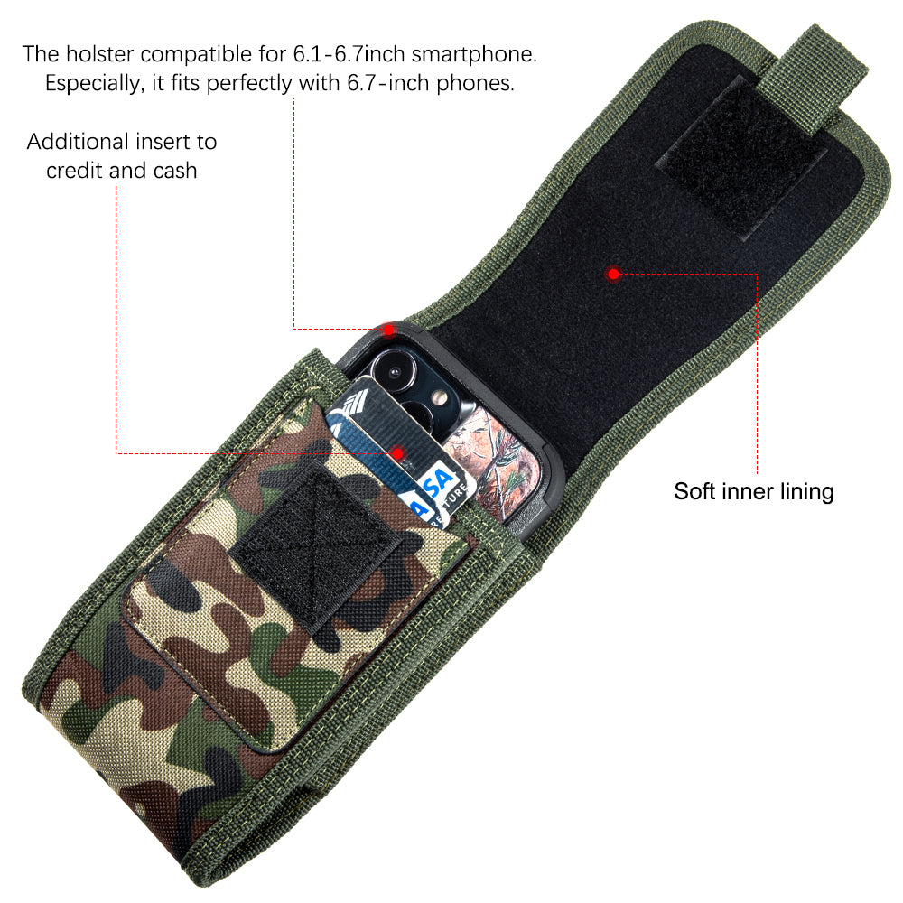 For Apple iPhone 16 Plus (6.7") Universal Vertical Pouch Case Camouflage Cell Phone Holster with Belt Clip Loop, Carabiner & Credit Card Slot Cover [Camo Green]
