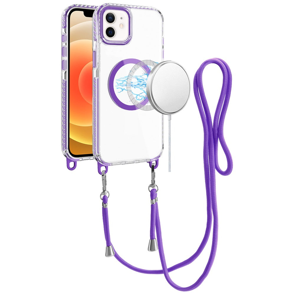 For Apple iPhone 11 Clear Magnetic Frame PC Back Shockproof Protective Case with Detachable Lanyard Strap, Compatible with MagSafe Case Cover
