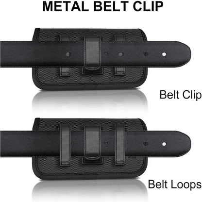 For Apple iPhone 16 Plus (6.7") Universal Leather Belt Holster Horizontal Pouch Phone Holder with Belt Loop / Clip Waistband (X-Large) Cover [Black]