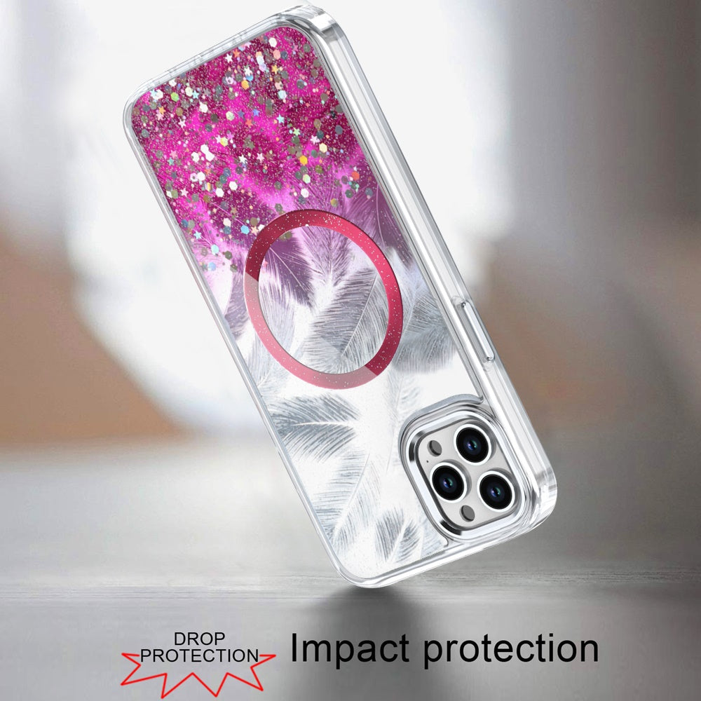 For Apple iPhone 15 Pro Max Epoxy Glitter Shimmer Fashion Case with Magnetic Magsafe Compatible Hybrid Sparkling Slim Protective Case Cover Hot Pink