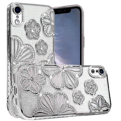 For Apple iPhone XR Luxury Floral Design Sparkle Glitter Diamond Crystal Rhinestone Shimmer Bling Plating Thick TPU Hard PC Case Cover