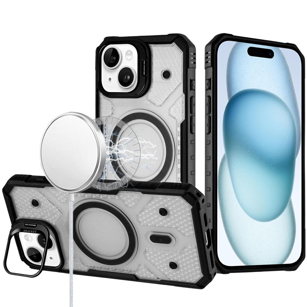 For Apple iPhone 16 Pro Max Transparent Tough Dotted Magnetic Case with Camera Stand & Hybrid Grip Shockproof Case Cover