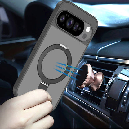 For Google Pixel 10 /Pixel 10 Pro Magnetic Circle Back with Ring Stand Full Rotation Matte Hybrid Shockproof Case Cover Black
