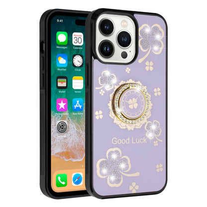 For Apple iPhone 16 Pro (6.3") Diamonds 3D Bling Sparkly Glitter Ornaments Engraving Hybrid Fashion Ring Stand Case Cover