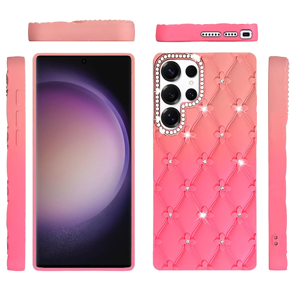 For Samsung Galaxy S23 Ultra Fashion Flower Design Sparkle Glitter Shimmer Rhinestone Bling Floral Accents, Leather Texture TPU Case Cover