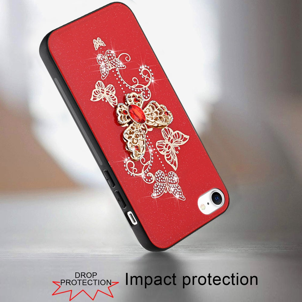 For Apple iPhone 16e Diamonds 3D Butterfly Bling Sparkly Glitter Ornaments Engraving Hybrid Metal Fashion Case Cover Red Garden Butterflies