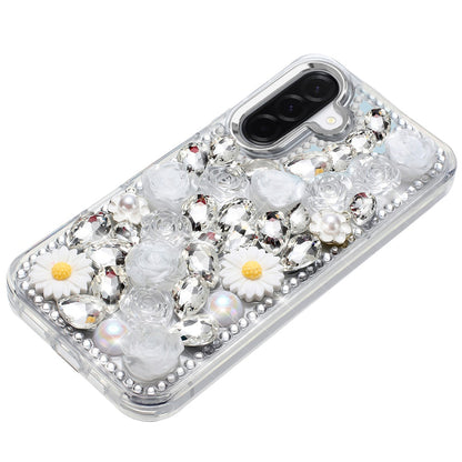 For Samsung Galaxy A17 5G Fashion Daisy Floral Series, Full 3D Bling Crystal Diamonds Sparkling Rhinestone Glitter Hybrid Design Case Cover