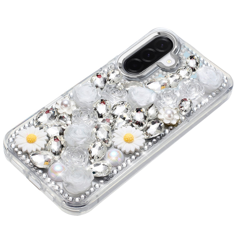 For Samsung Galaxy S25 Fan Edition /Galaxy S25 FE Fashion Daisy Floral Series, Full 3D Bling Crystal Diamonds Sparkling Rhinestone Glitter Hybrid Design Case Cover
