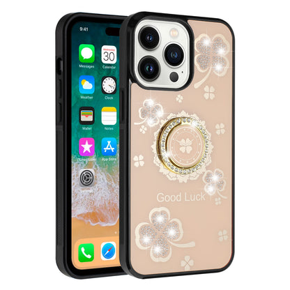 For Apple iPhone 16 Pro (6.3") Diamonds 3D Bling Sparkly Glitter Ornaments Engraving Hybrid Fashion Ring Stand Case Cover