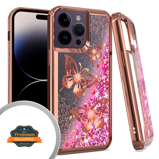 For Apple iPhone 15 Pro (6.1") Quicksand Liquid Glitter Bling Flowing Sparkle Fashion Hybrid TPU Chrome Plating Hard Butterfly Phone Case Cover