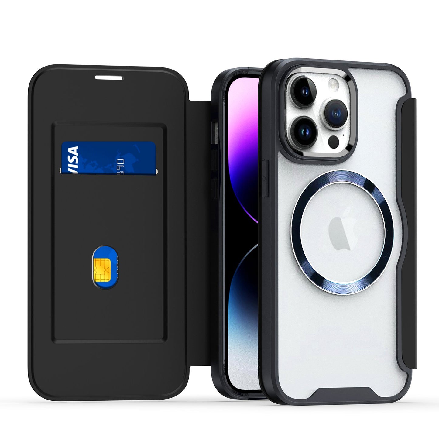 For Apple iPhone 16 Pro (6.3") Flap Wallet Case Credit Card Slot, Clear TPU Back Hard [Magnetic Circle] Compatible with Magsafe Case Cover Black