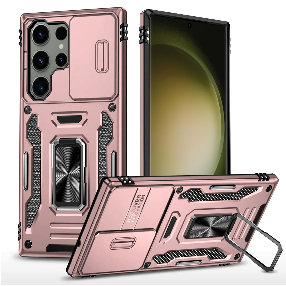 For Apple iPhone 16e Tough Hybrid Case with Movable Camera Window & Metal Ring Stand Shockproof Case Cover Rose gold