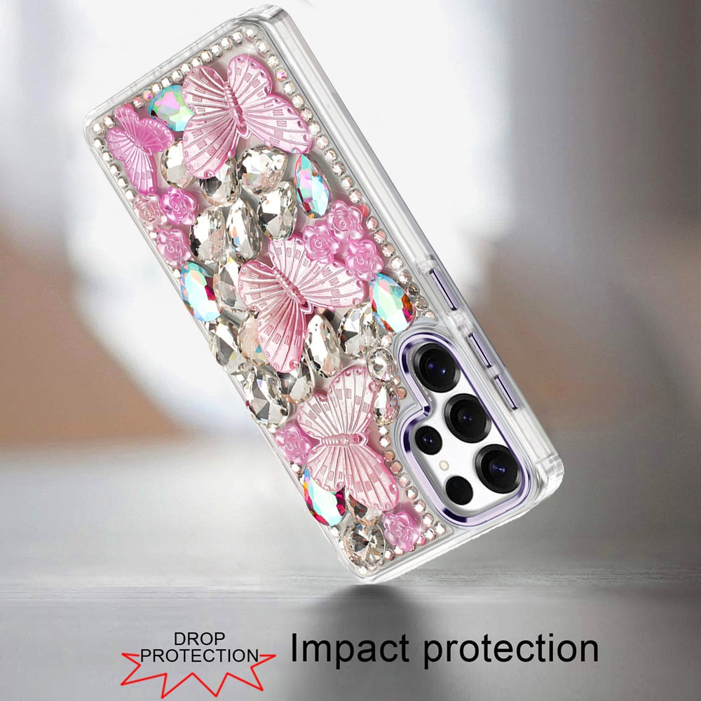 For Samsung Galaxy S25 Ultra 3D Diamond Floral Butterfly Bling Stone Hybrid, Sparkly Rhinestone Gemstone Back Shockproof Case Cover
