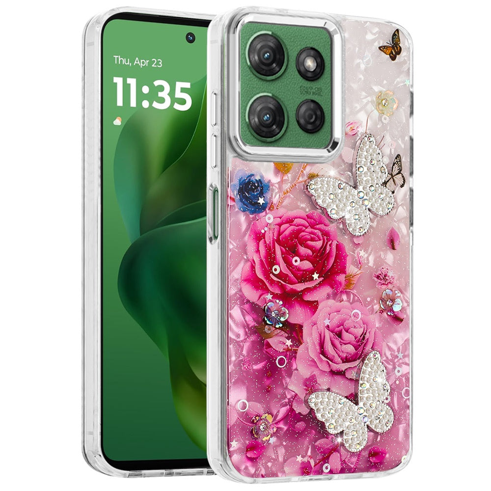 For Motorola Moto G Stylus 5G 2025 Epoxy Glitter Flowers Bling 3D Butterfly Fashion TPU Hybrid with Shockproof Protection Case Cover